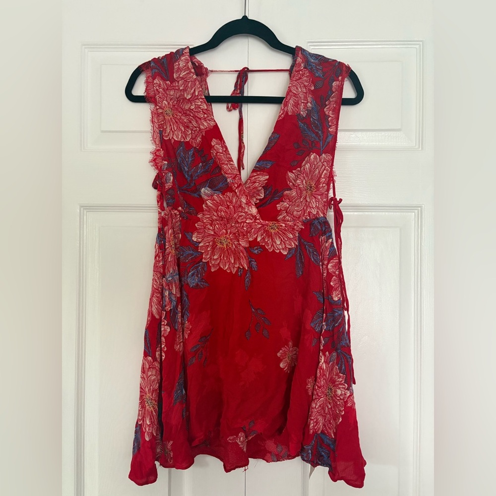 Free People Red Floral V-Neck Dress with Blue Accents - Picture 5 of 9